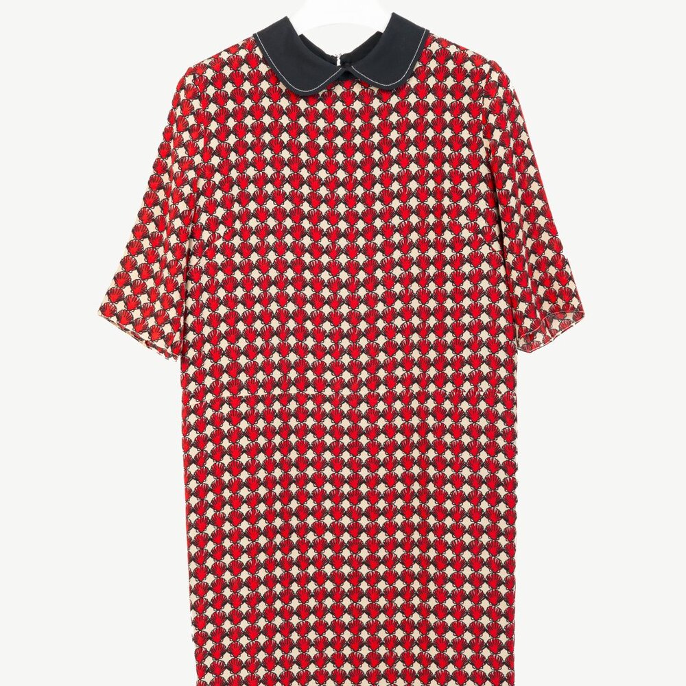 Marni Red Silk-Crepe Seashell-Print Collared Shift Dress